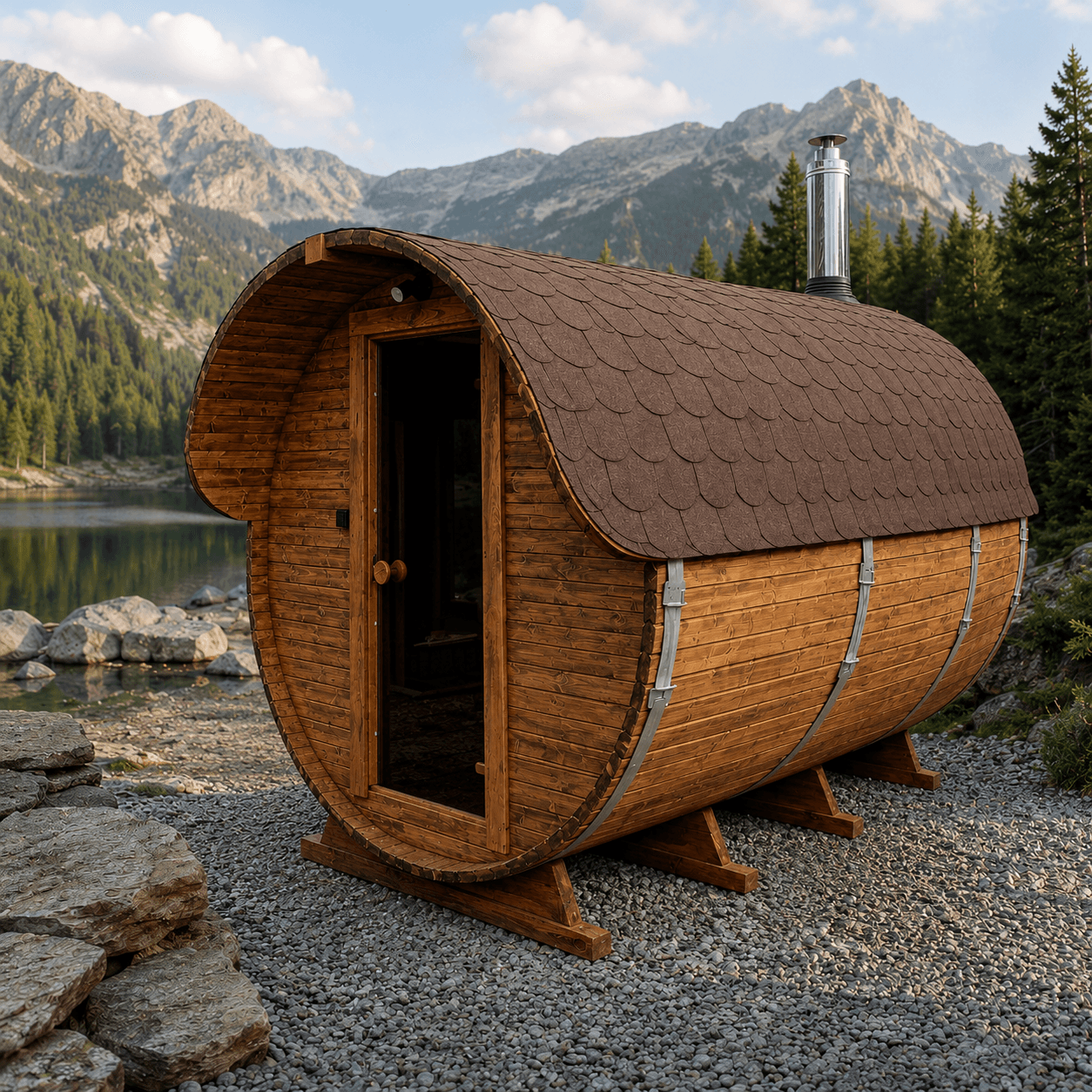 Zewnętrzna sauna beczka 340 cm - Z Piecem na Drewno