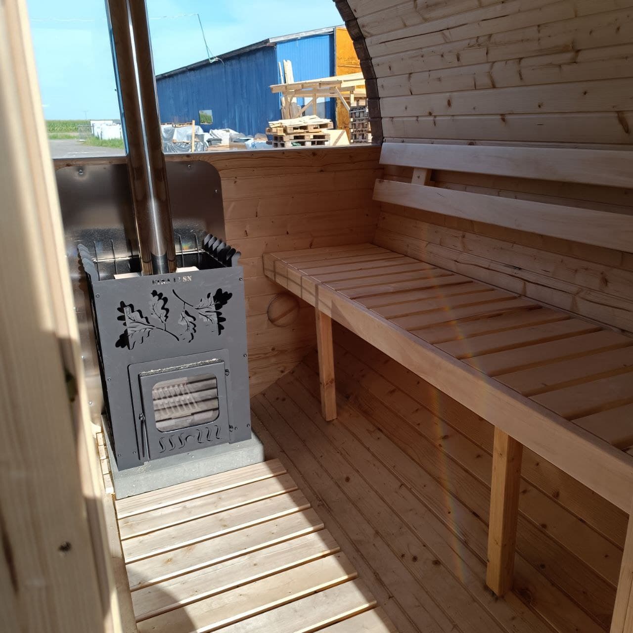 Beczka sauna zewnętrzna 340 cm - Z Piecem na Drewno miniatura 2