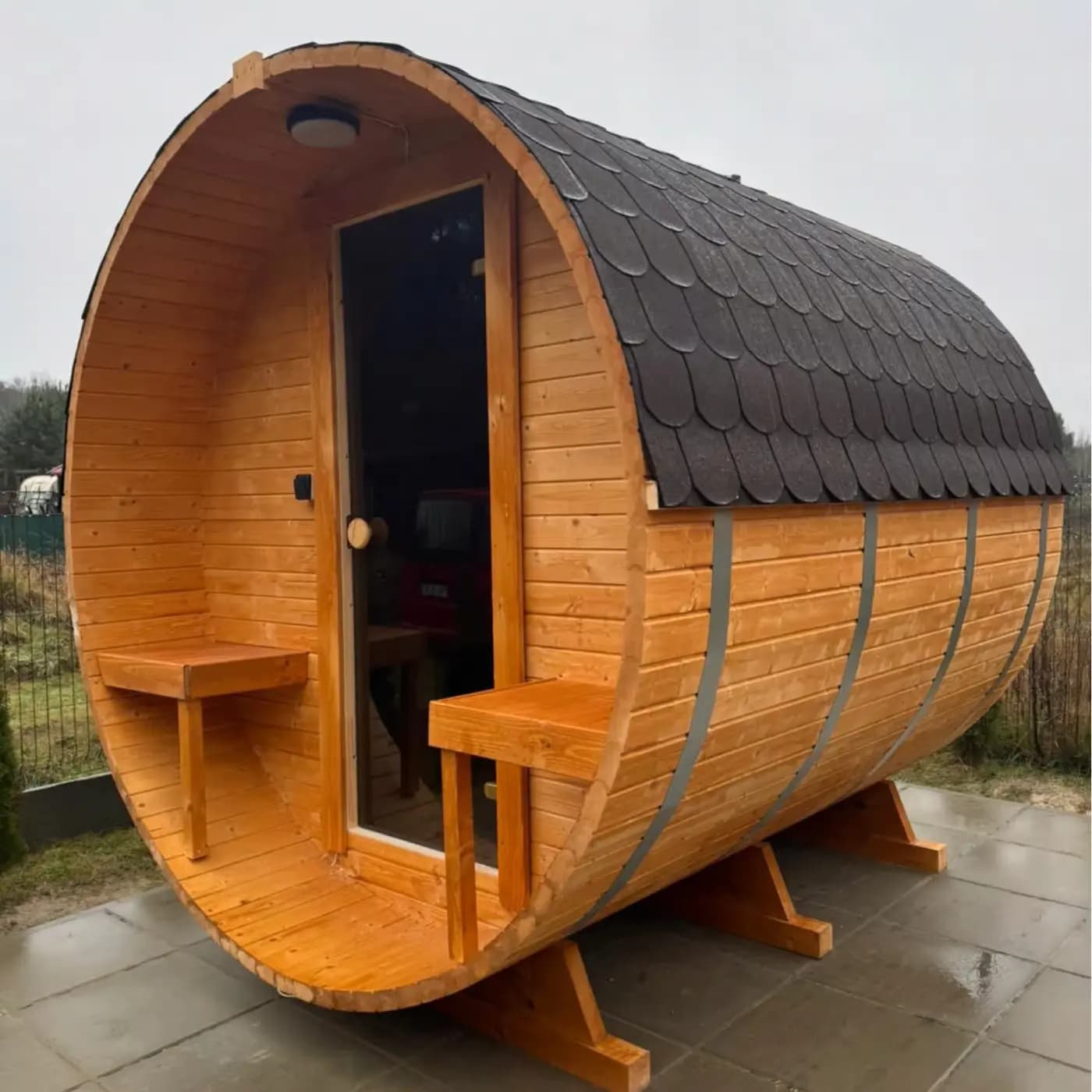Zewnętrzna sauna beczka 240 cm z piecem elektrycznym - Zwykla