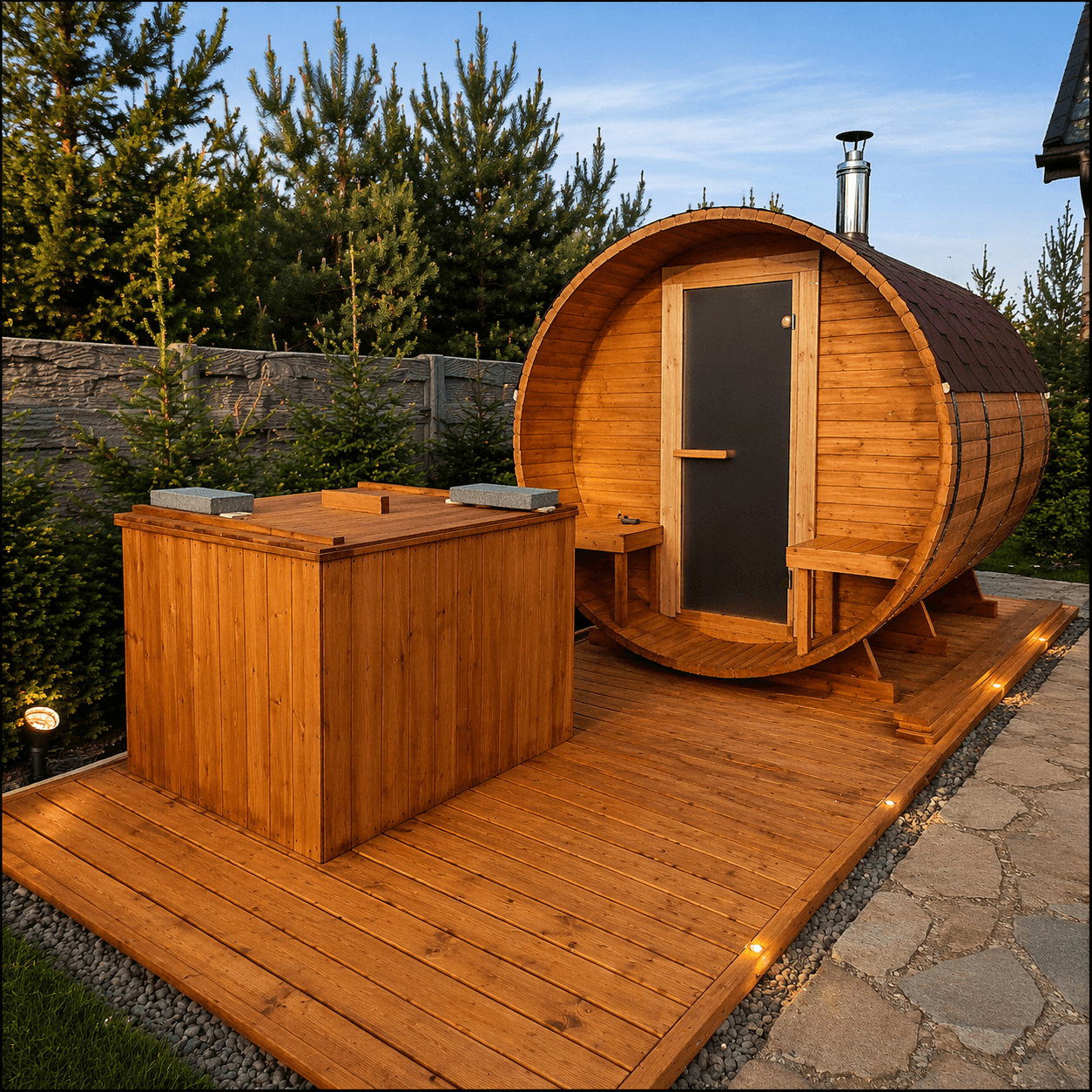Zewnętrzna sauna beczka 240 cm - Z piecem na Drewno